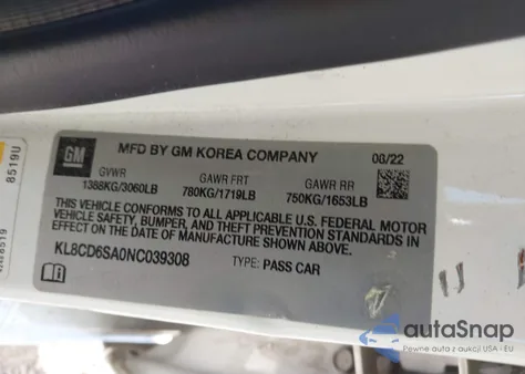 2022 Chevrolet Spark Fwd 1Lt Automatic z USA, uszkodzony, nr VIN KL8CD6SA0NC039308